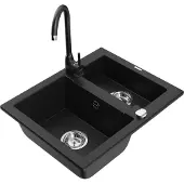 Mexen Carlos 1,5-Becken-Granitspüle mit Mischbatterie Telma, Schwarz - 6518-77-670200-70