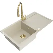 Mexen Leo 1 Becken-Granitspüle mit Abtropffläche und Mischbatterie Savita, Beige - 6501-69-672601-50
