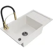 Mexen Elias 1 Becken-Granitspüle mit Abtropffläche und Mischbatterie Aster, Weiß - 6511-20-73450-57-B