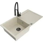 Mexen Leo 1 Becken-Granitspüle mit Abtropffläche und Mischbatterie Aster, Beige - 6501-69-73450-70-B
