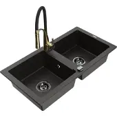 Mexen Mario 2-Becken-Granitspüle mit Mischbatterie Aster, Schwarz/Gold metallisch - 6504-75-73450-57-B