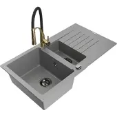 Mexen Matias 1,5-Becken-Granitspüle mit Abtropffläche und Mischbatterie Aster, Grau - 6502-71-73450-57-B