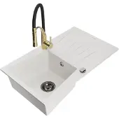Mexen Cesar 1 Becken-Granitspüle mit Abtropffläche und Mischbatterie Aster, Weiß - 6514-20-73450-57-B