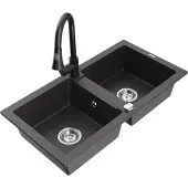 Mexen Mario 2-Becken-Granitspüle mit Mischbatterie Elia, Schwarz gesprenkelt - 6504-76-670101-70