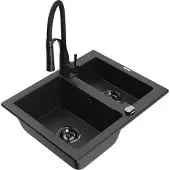 Mexen Carlos 1-Becken-Granit-Spüle mit Mischbatterie Aster, Schwarz/Silbermetallic - 6518-73-73450-70-B
