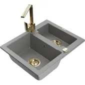 Mexen Carlos 1,5-Becken-Granitspüle mit Mischbatterie Rita, Grau - 6518-71-670300-50