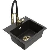 Mexen Milo 1-Becken-Granit-Spüle mit Mischbatterie Aster, Schwarz/Gold metallisch - 6505-75-73450-57-G