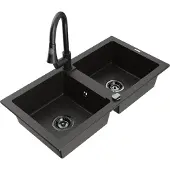 Mexen Mario 2-Becken-Granitspüle mit Mischbatterie Elia, Schwarz/Gold metallisch - 6504-75-670101-70-B