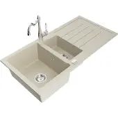 Mexen Andres 1,5-Becken-Granitspüle mit Abtropffläche und Mischbatterie Carla, Beige - 6515-69-670700-00
