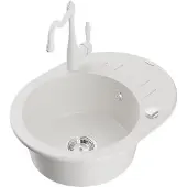 Mexen Kevin 1 Becken-Granitspüle mit Abtropffläche und Mischbatterie Carla, Weiß - 6517-20-670700-20