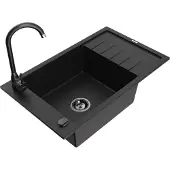 Mexen Elias 1 Becken-Granitspüle mit Abtropffläche und Mischbatterie Telma, Schwarz - 6511-77-670200-70-B