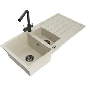 Mexen Andres 1,5-Becken-Granitspüle mit Abtropffläche und Mischbatterie Duero, Beige - 6515-69-671600-70