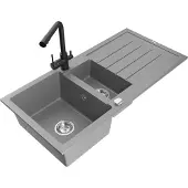 Mexen Andres 1,5-Becken-Granitspüle mit Abtropffläche und Mischbatterie Duero, Grau - 6515-71-671600-70