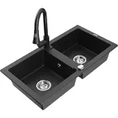 Mexen Mario 2-Becken-Granitspüle mit Mischbatterie Elia, Schwarz/Silbermetallic - 6504-73-670101-70