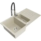 Mexen Matias 1,5-Becken-Granitspüle mit Abtropffläche und Mischbatterie Aster, Beige - 6502-69-73450-07