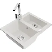 Mexen Carlos 1,5-Becken-Granitspüle mit Mischbatterie Rita, Weiß - 6518-20-670300-00