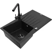 Mexen Cesar 1 Becken-Granitspüle mit Abtropffläche und Mischbatterie Duero, Schwarz - 6514-77-671600-70-B