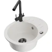 Mexen Kevin 1 Becken-Granitspüle mit Abtropffläche und Mischbatterie Duero, Weiß - 6517-20-671600-70