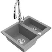 Mexen Carlos 1,5-Becken-Granitspüle mit Mischbatterie Savita, Grau - 6518-71-672601-00