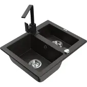 Mexen Carlos 1,5-Becken-Granitspüle mit Mischbatterie Rita, Schwarz/Gold metallisch - 6518-75-670300-70