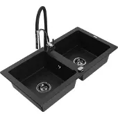 Mexen Mario 2-Becken-Granitspüle mit Mischbatterie Aster, Schwarz - 6504-77-73450-07-B