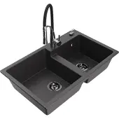 Mexen Tomas 2-Becken-Granitspüle mit Mischbatterie Aster, Schwarz gesprenkelt - 6516-76-73450-07-B