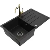 Mexen Bruno 1 Becken-Granitspüle mit Abtropffläche und Mischbatterie Carla, Schwarz - 6513-77-670700-50-B