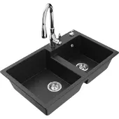 Mexen Tomas 2-Becken-Granitspüle mit Mischbatterie Savita, Schwarz/Silbermetallic - 6516-73-672601-00