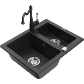Mexen Carlos 1,5-Becken-Granitspüle mit Mischbatterie Carla, Schwarz/Gold metallisch - 6518-75-670700-70