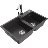 Mexen Tomas 2-Becken-Granitspüle mit Mischbatterie Rita, Schwarz gesprenkelt - 6516-76-670300-00
