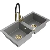 Mexen Mario 2-Becken-Granitspüle mit Mischbatterie Aster, Grau - 6504-71-73450-57-G