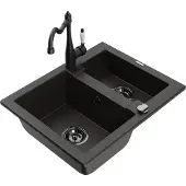 Mexen Carlos 1,5-Becken-Granitspüle mit Mischbatterie Carla, Schwarz/Gold metallisch - 6518-75-670700-70-B