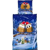 COFI Fleece Bettwäsche Weihnachtsmotiv mit Eulen 135x200 cm Deckenbezug, 80x80 cm Kissenbezug