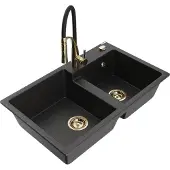 Mexen Tomas 2-Becken-Granitspüle mit Mischbatterie Aster, Schwarz/Silbermetallic - 6516-73-73450-57-G