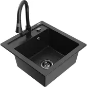 Mexen Vito 1-Becken-Granit-Spüle mit Mischbatterie Elia, Schwarz/Silbermetallic - 6503-73-670101-70-B