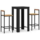 Syfax 3-tlg. Gartenbar-Set Schwarz Poly Rattan & Massivholz Akazie