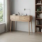 OKWISH Schreibtisch mit zwei Schubladen, Computertisch Metall-Türgriffen,Sideboard Holzbeine, Eiche
