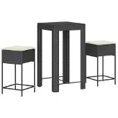 Syfax 3-tlg. Gartenbar-Set mit Kissen Schwarz Poly Rattan