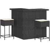 Syfax 3-tlg. Gartenbar-Set mit Kissen Schwarz Poly Rattan