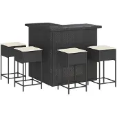 Syfax 5-tlg. Gartenbar-Set mit Kissen Schwarz Poly Rattan
