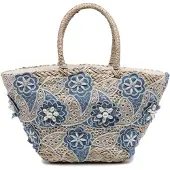 Kassandra Strohtasche Marcella Damen Handgeflochten mit blauen Blütenstickereien und Perlen blu jeans UNICA 54x25x16 cm BLU