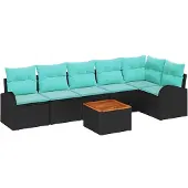 Syfax Gartensofa-set 7 stk. Schwarz und Türkis Poly-Rattan
