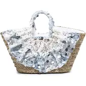 Kassandra Strohtasche Damen Baumwolle Handgeflochten Silber und Weiß mit Pailletten Argento e Bianco UNICA 56x28x22 cm ARGENTO