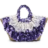 Kassandra Strohtasche Damen Baumwolle Handgeflochten Silber und Weiß mit Pailletten Argento e Bianco UNICA 56x28x22 cm ARGENTO
