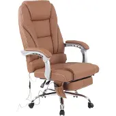 CLP Bürostuhl ergonomisch Pacific mit Echtleder-Akzenten und Massagefunktion, höhenverstellbarer Drehstuhl mit Armlehnen, 150kg belastbar, Farbe: hellbraun