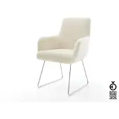 DELIFE Esszimmerstuhl Heira-Flex mit Armlehnen Teddystoff Beige Kufengestell Edelstahl Taschenfederkern