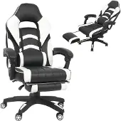 Feel2Home Gamingstuhl Bürostuhl mit Fußablage und Lendenkissen, Rückenlehne bis 140 Grad neigbar, Kunstleder, Weiß/Schwarz