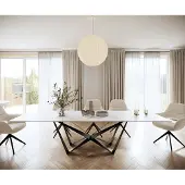 DELIFE Esstisch Edge 300x100cm Keramik LaminamStatuarietto Weiß Mittelfuß Flachstahl Schwarz