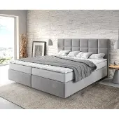 DELIFE Boxspringbett Dream-Fine 180x200 cm Mikrofaser Grau mit Matratze und Topper