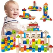 Vigatoys Viga Bausteinset, 100 Teile - Alphabet und Zahlen